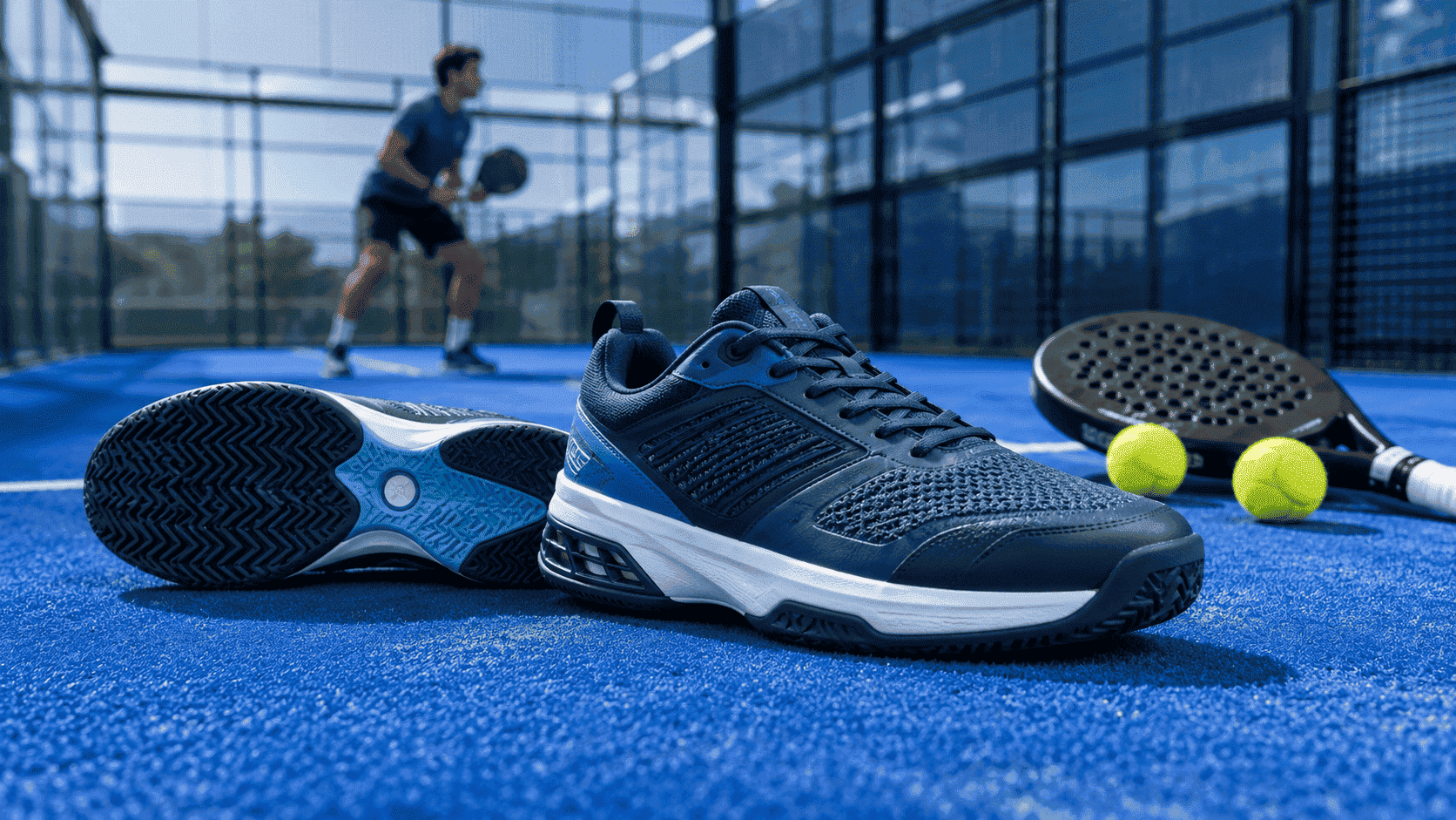 Padelschoenen op de padelbaan