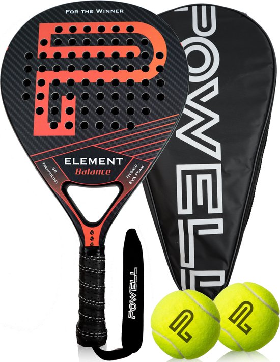 POWELL padelracket met 3K carbon, hexagonstructuur, hoes en twee gele padelballen