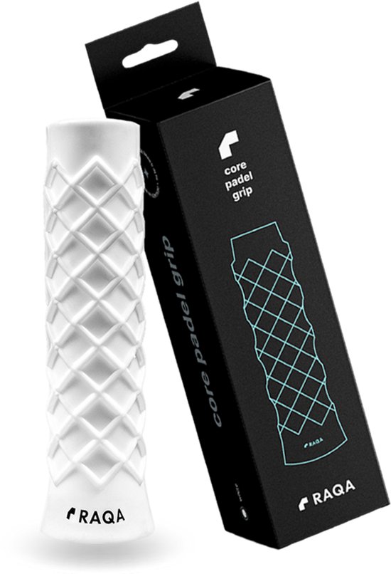 Witte RAQA core padel grip met diamantstructuur naast zwarte verpakking met turquoise lijntekening