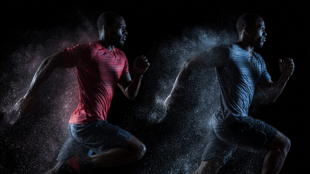 Verschil tussen ademende stoffen en vocht vasthoudende kleding zichtbaar tijdens sprinttraining