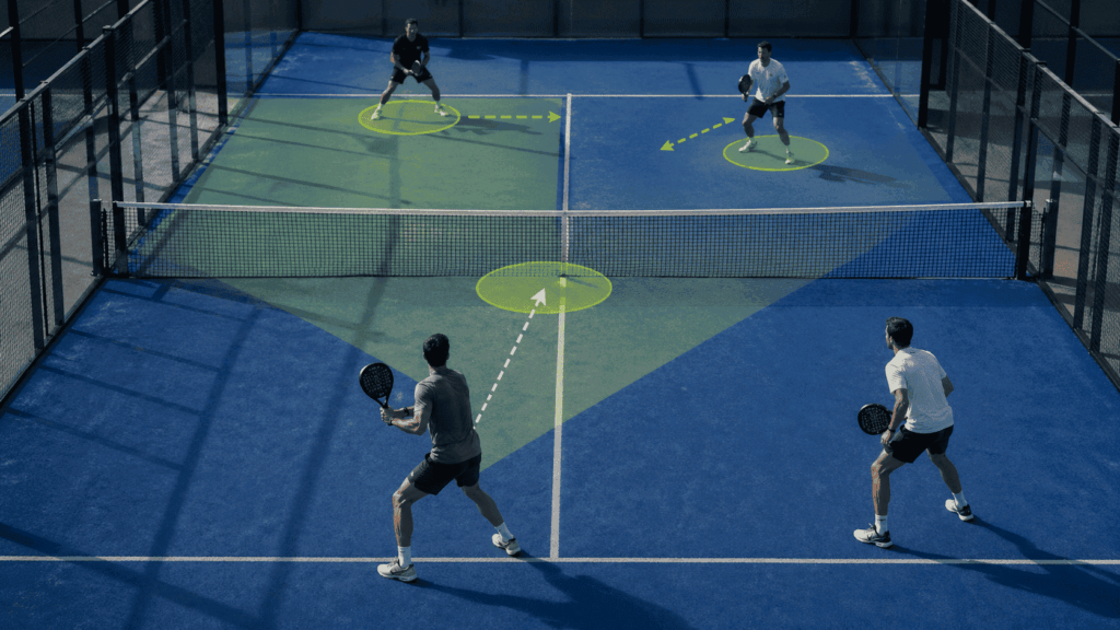 Padelpositie en looplijnen op de baan weergegeven, inzicht in ruimte en spelinzicht op de baan