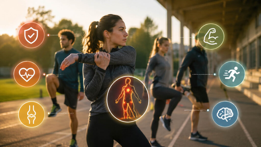 Sporters doen een goede warming-up met dynamische stretches buiten om blessures te voorkomen