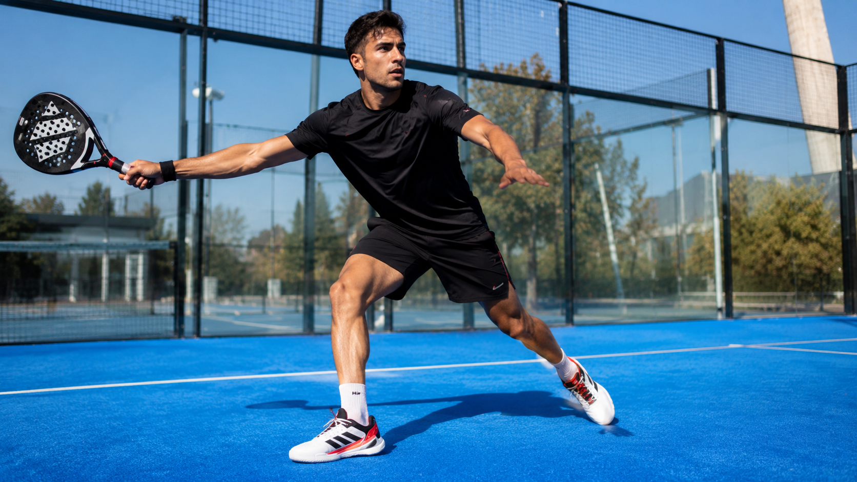 man op padelbaan met racket en Adidas padel schoenen