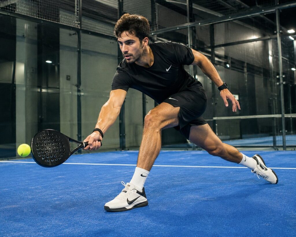 man zwarte kleding witte Nike padel schoenen racket bal