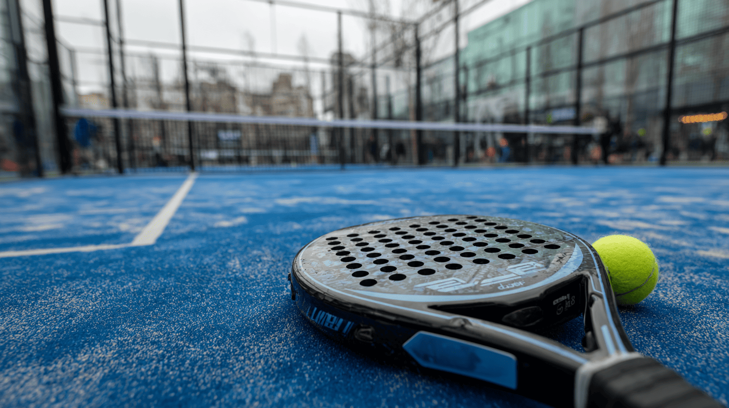 Een van de beste Siux padel rackets, liggend op een padelbaan