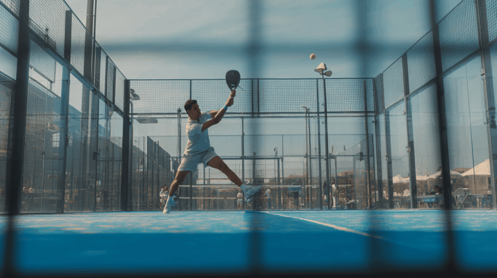 Een man die een bal met een Head padel racket smashed tijdens een padel wedstrijd