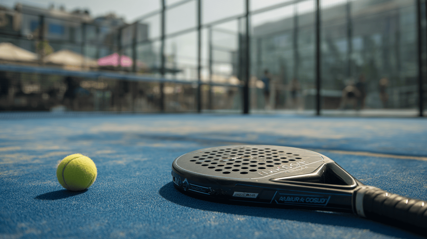 Een Head padel racket op de vloer van een padel baan