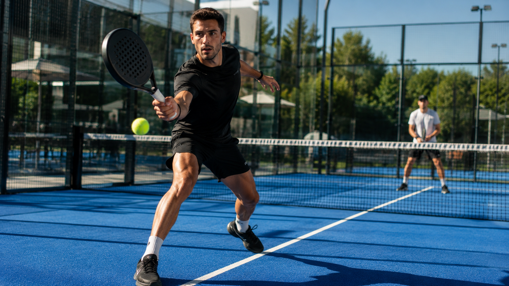 Padelspeler in actie tijdens een rally op een moderne outdoor padelbaan