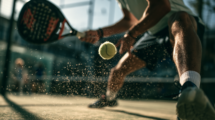 Close-up van een padel speler die op een outdoor padelbaan de gele padelbal raakt met zijn padel racket.