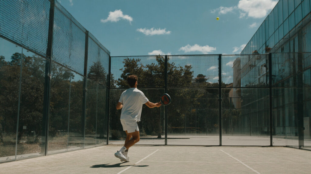 Een padelspeler slaat de bal met zijn racket tijdens een partij op een omheinde padelbaan in de buitenlucht