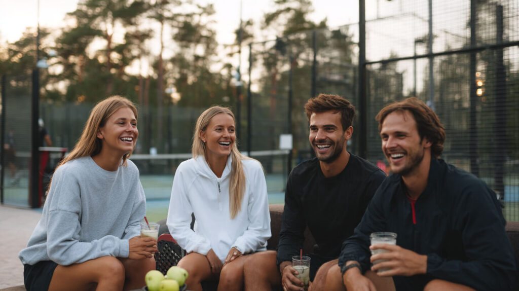 Vier padelspelers in sportkleding zitten lachend na te praten naast de baan met drankjes in de hand