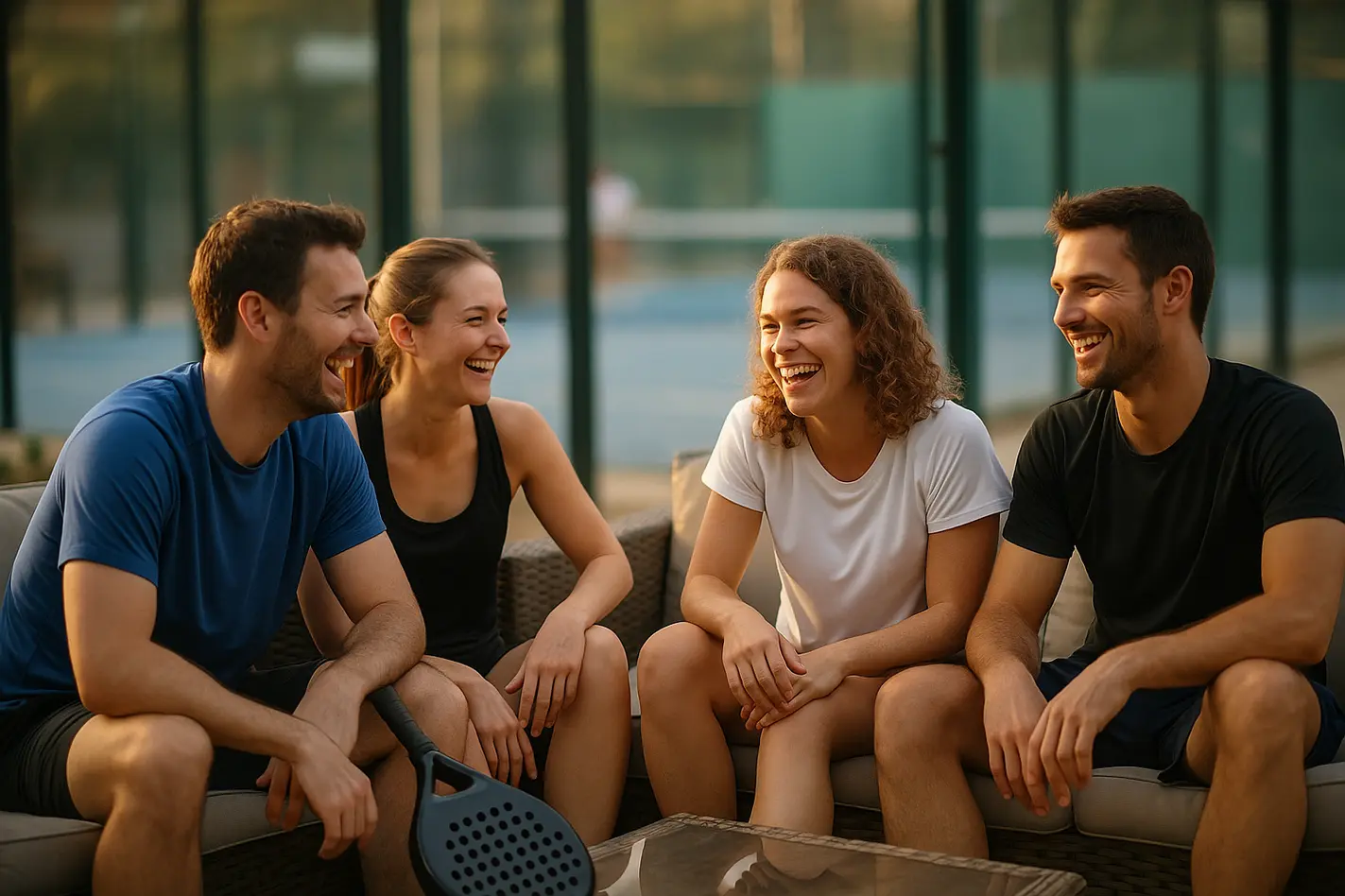 Vier mensen lachen en praten op het terras, derde helft na het padellen