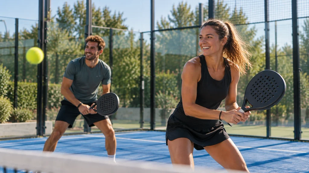 man vrouw op padelbaan met racket