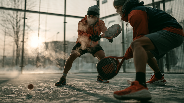 Twee mannen in warme sportkleding spelen padel op een buitenbaan tijdens koud winterweer.