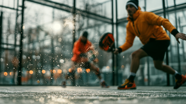 Padel speler slaat een bal op een bevroren buitenbaan met opspattende ijskristallen.