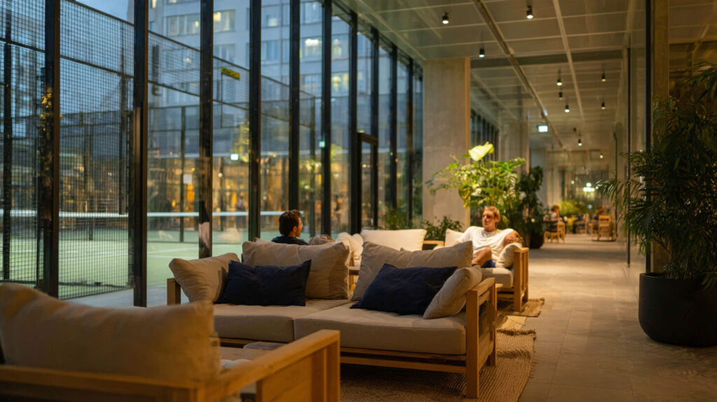 Loungebank met kussens bij een verlichte padelclub in de avond, met zicht op de baan achter het glas