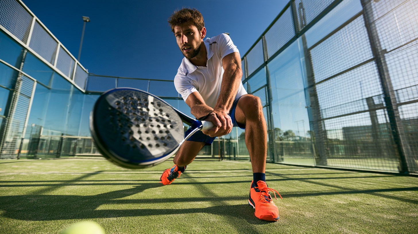 Close-up van het beste padel racket onder 100 euro op het moment van impact, met een speler op een buitenbaan in oranje schoenen op de achtergrond.