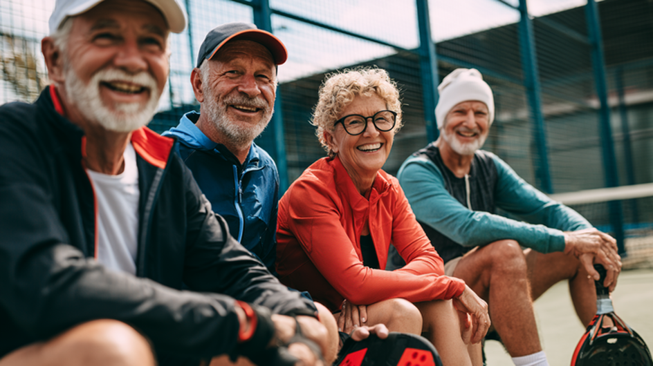 Vier lachende senioren zitten samen op de padelbaan te rusten na een wedstrijd.