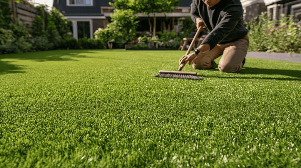 Kunstgras in de tuin onderhouden door de vezels op te borstelen