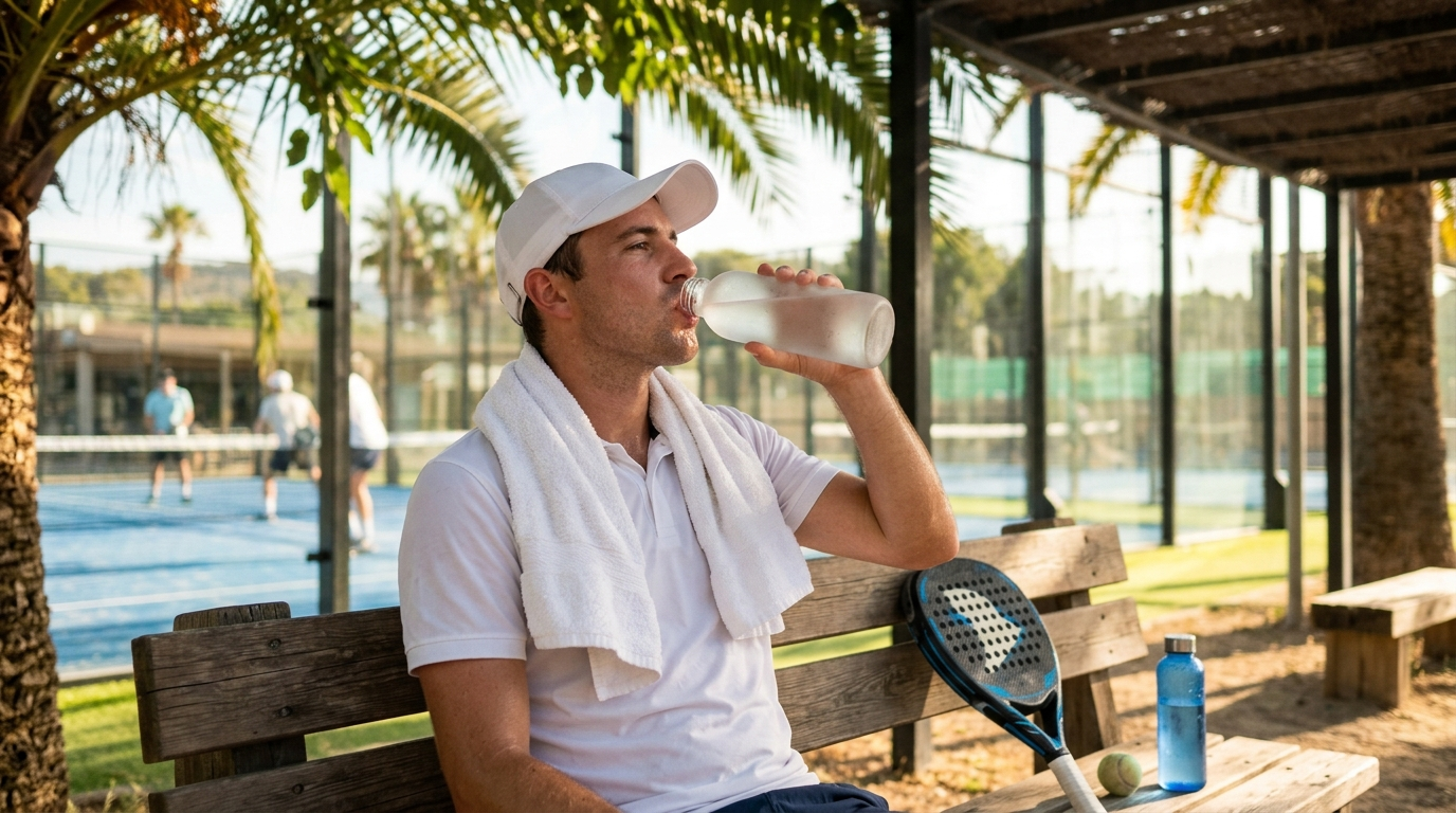 Padelspeler drinkt water in de schaduw naast de padelbaan