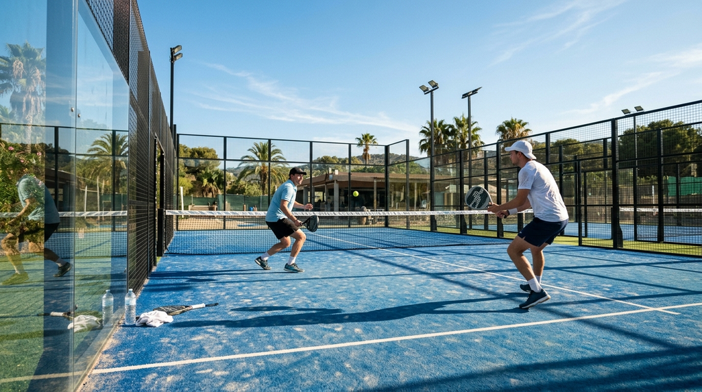Twee padelspelers in een rally op een zonnige buitenbaan