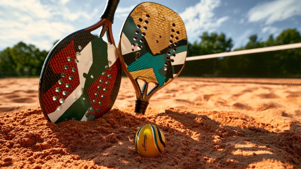 Twee padelrackets met kleurrijk ontwerp rechtop en een padelbal op een zandbaan, met een net en bomen op de achtergrond.