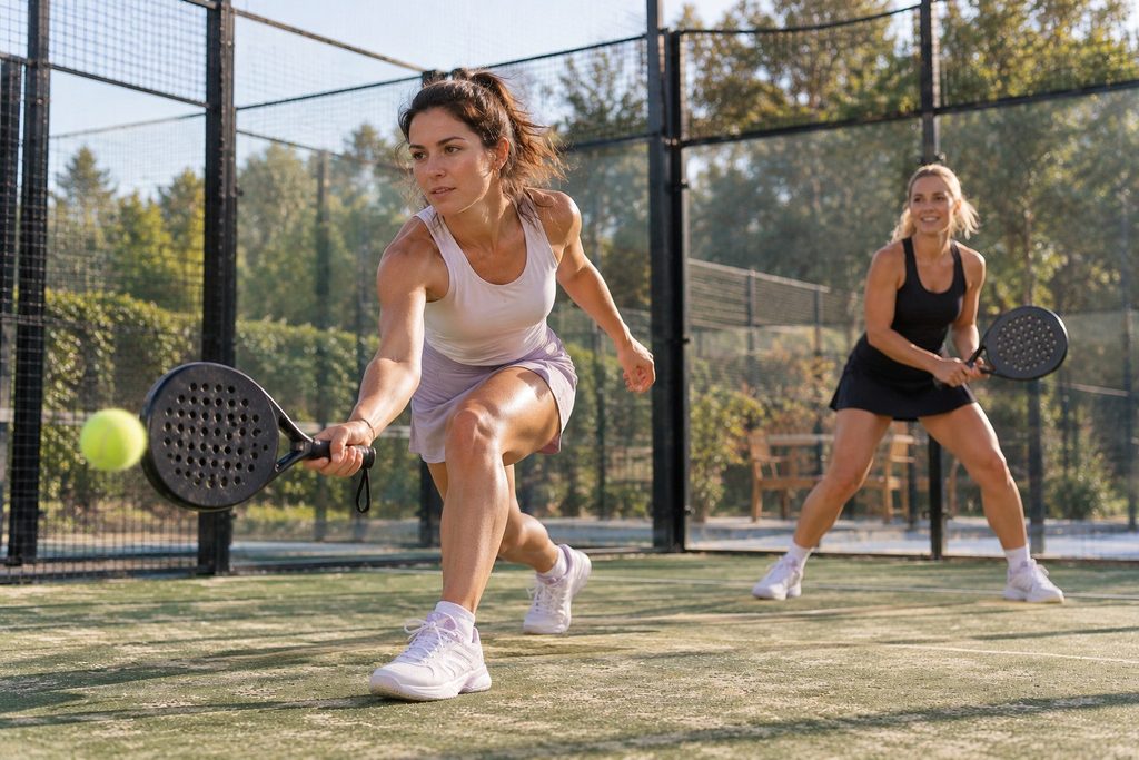 Twee dames spelen een padelwedstrijd op een buitenbaan